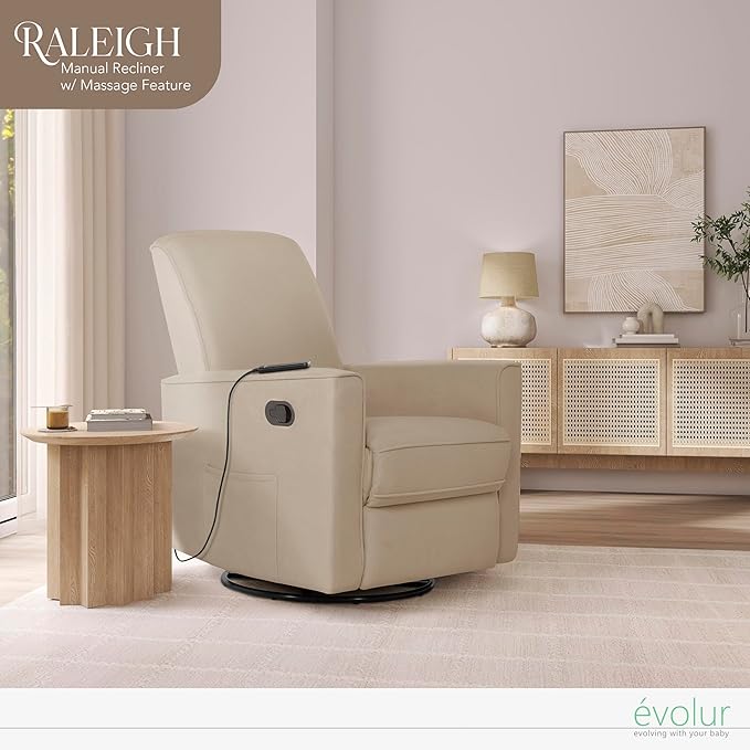 Evolur Raleigh Glider with Massager in Charcoal, Upholstered Plush Seating 360° Swivel Glider Rocking Chair, FSC Certified, Greenguard Gold & JPMA Certified Nursery Glider Recliner