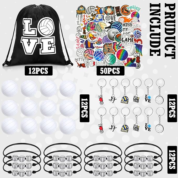 Capoda 98 Pcs Volleyball Party Favors Volleyball Team Gift 12 Pcs Keychain 12 Packs Sports Stress Ball 12 Pcs Small Drawstring Bag 12 Pcs Bracelets 50 Pcs Sticker