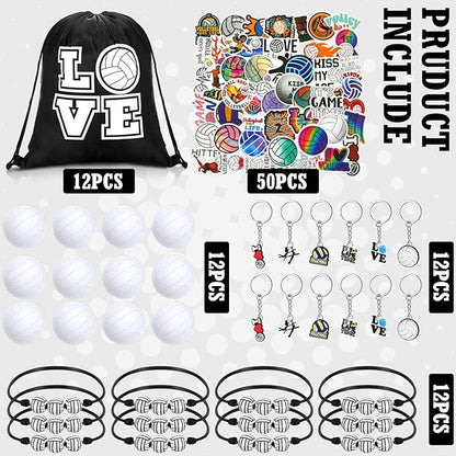 Capoda 98 Pcs Volleyball Party Favors Volleyball Team Gift 12 Pcs Keychain 12 Packs Sports Stress Ball 12 Pcs Small Drawstring Bag 12 Pcs Bracelets 50 Pcs Sticker