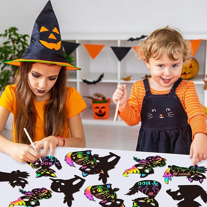 CY2CSIDE Halloween Black Cat Scratch Cards - 60PCS Halloween Spooky Ornament Scratch Card Gift Set for Kids DIY Black Cat Skull Magic Arty Rainbow Color Bookmark Craft Kit for Kids School Activity