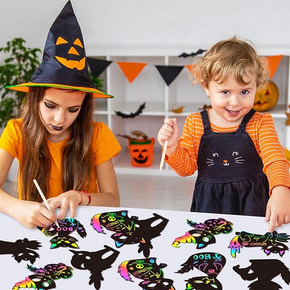 CY2CSIDE Halloween Black Cat Scratch Cards - 60PCS Halloween Spooky Ornament Scratch Card Gift Set for Kids DIY Black Cat Skull Magic Arty Rainbow Color Bookmark Craft Kit for Kids School Activity