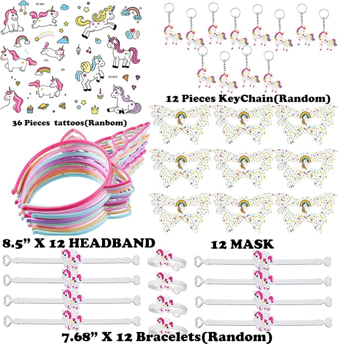 84PCS Unicorn Party Favors for Kids Girls, Unicorn Party Supplies Birthday Decorations w/Unicorn Mask, Headband, Bracelet, Keychain, Tattoos, Colorful