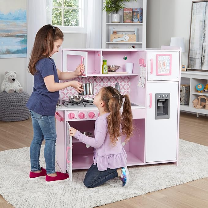 Melissa & Doug Wooden Chef’s Pretend Play Toy Kitchen With “Ice” Cube Dispenser – Cupcake Pink/White - FSC Certified