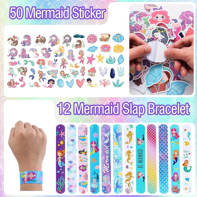 110 PCS Mermaid Party Favors for Girls Mermaid Birthday Decorations Party Supplies Include 12 Pen 12 Notepad 12 Shiny Metallic Scrunchies 12 Slap Bracelet 12 Gift Bag 50 Mermaid Sticker (Mermaid)