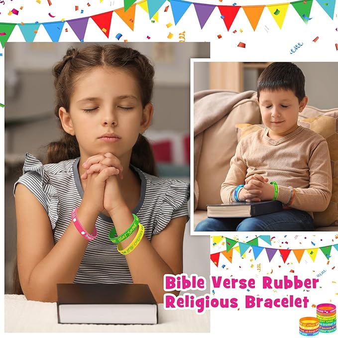 Gueevin 60 Pcs Bible Verse Bracelets for Kids Christian Scripture Bracelets Jesus Wristband Religious Motivational Bracelets Kids Sunday School Gifts Classroom Prizes(Classic Color)