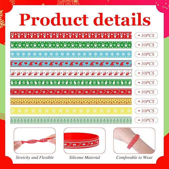 100 Set Christmas Silicone Bracelets with Christmas Tags Xmas Rubber Wristbands for Kids Adult Christmas Party Favors Bracelets Silicone Wristband Christmas Birthday Decoration Gift Supplies