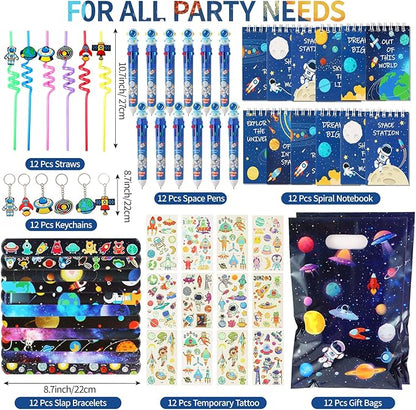 LiYiQ 87 Pcs Space Party Favors with Space Spiral Notebooks 10 in 1 Pen Reusable Straws Slap Bracelets Keychains Space Temporary Tattoo Stickers and Gift Bags for Kids Space Birthday Party Supplies