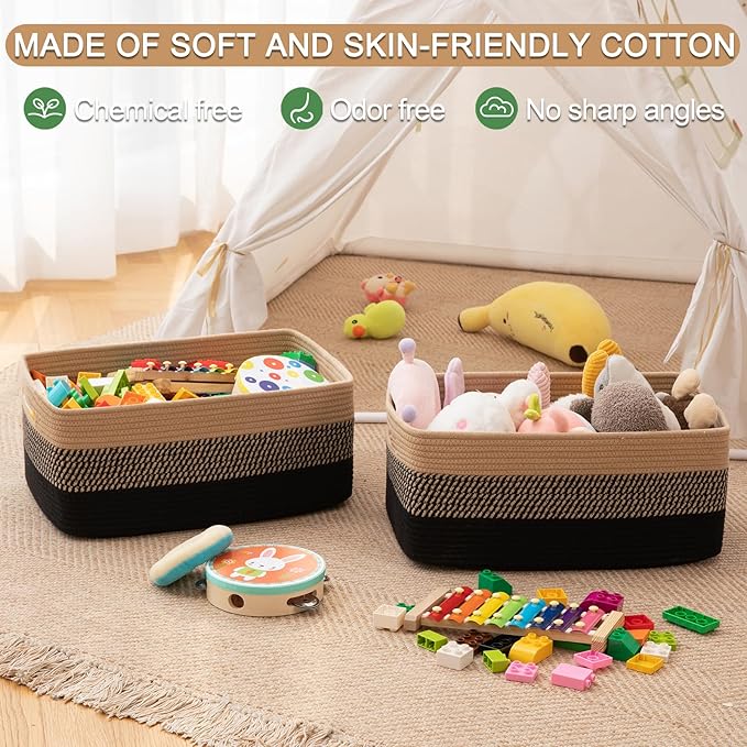 OIASKET Large Storage Basket for Organizing, Woven Rope Basket for Shelves, Closet Organizer Bins for Clothes, Blanket, Toys, Baby Nursery Storage, 17.7" x 13" x 7.87", 2 Packs Black & Brown