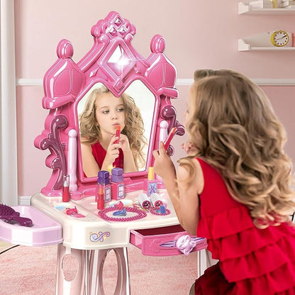 Pretend Play Girls Makeup Table Set with Stool，Kids Vanity Set with Lights and Music，Toddler Beauty Salon Set with Makeup Accessories & Hair Dryer Toy，Best Birthday Gifts for Toddlers 2-5 Years Old