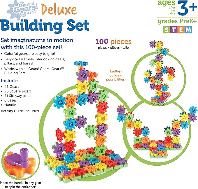 Learning Resources Gears! Gears! Gears! 100-Piece Deluxe Building Set - Ages 3+, Preschool Building Sets, Gears Toys for Kids, STEM Toys for Toddlers, Construction Toy Set