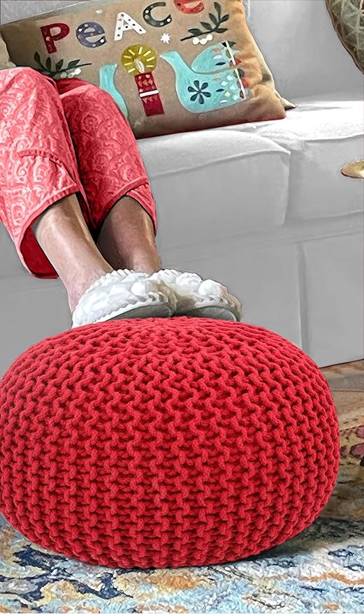 COTTON CRAFT - Hand Knitted Cable Style Dori Pouf - Red - Floor Ottoman - Cotton Braid Cord - Handmade & Hand Stitched - Truly one of a Kind Seating - 20 Dia x 14 High