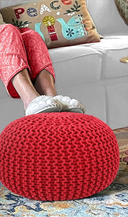 COTTON CRAFT - Hand Knitted Cable Style Dori Pouf - Red - Floor Ottoman - Cotton Braid Cord - Handmade & Hand Stitched - Truly one of a Kind Seating - 20 Dia x 14 High