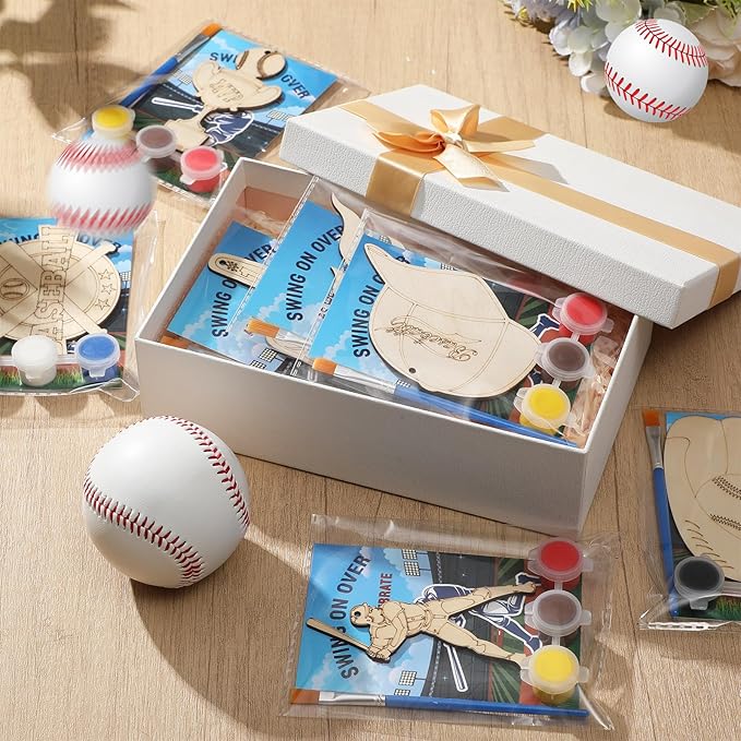 Saypacck 24 Pcs Baseball Party Favors Wooden Painting Craft Kits Birthday Party Supplies with Organza Bag for Goodie Bags Fillers Adult Thank You Gifts