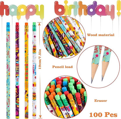 Kolewo4ever 400 Pieces Happy Birthday Gifts for Student 100 Happy Birthday Rubber Bracelets,100 Pencils,200 Happy Birthday Badge Stickers for Teachers Classrooms Reward Birthday Party Favors