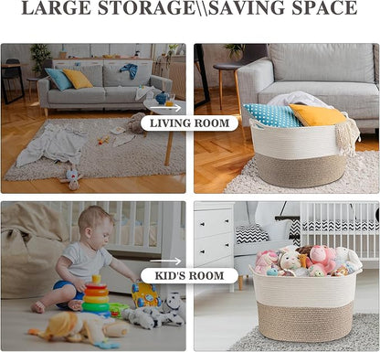 Throw Blanket Basket for Living Room, Extra Large Cotton Rope Basket for Storage, Woven Laundry Towel Hamper with Handles, Baby Toy Storage, 22" x 22" x 14" Pillow Bin