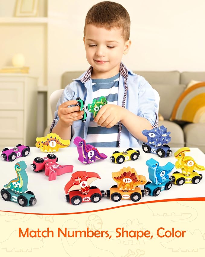 Wooden Dinosaur Train Set, Magnetic Dinosaur Toys and Number Train for Toddlers, Educational Montessori Toy for Counting and Motor Skills, for 3-5 Year Old Boys Girls