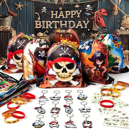 12 Sets Pirate Party Favors Birthday Supplies for Boy Kid, Drawstring Bag Silicone Bracelet Tattoo Sticker Keychain Pirate Pinata Filler Goodie Bag Stuffers Pirate Birthday Favors Party Supplies