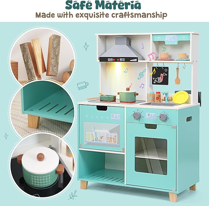 CUTE STONE Play Kitchen for Kids, Wooden Kitchen Playset with Real Lights & Sounds, Toy Kitchen Set with Cookware Accessories, Chef Pretend Play Kitchen Set for Toddlers Girls Boys