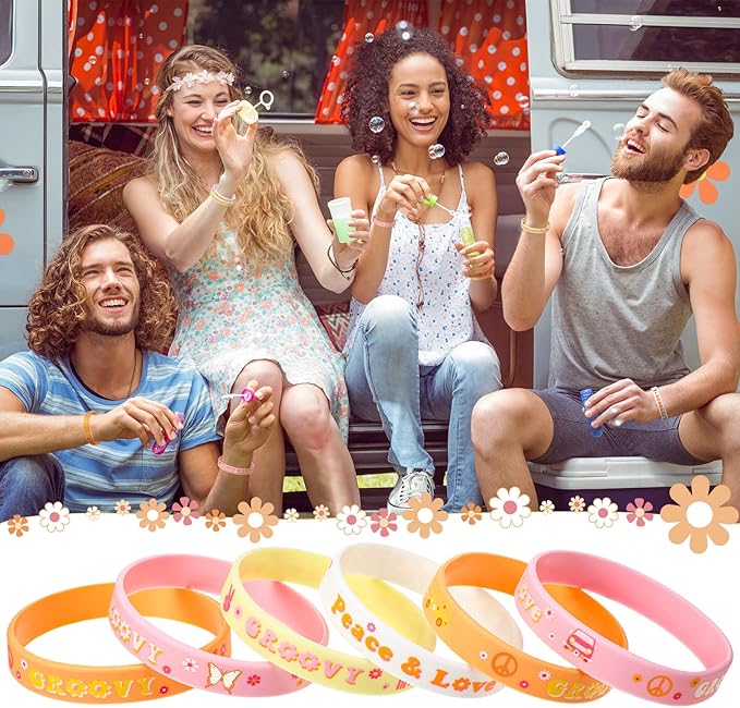 28 Pieces Groovy Retro Hippie Silicone Wristbands Daisy Flower Peace and Love Rubber Bracelets Daisy Party Favors for Kids adults 60s 70s Two Groovy themed Birthday Party Decoration Supplies
