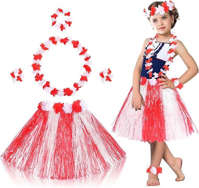 Fortuning's JDS Hawaiian Hula Grass Skirt for Girls Elastic Flower Costume Kids Outfits for Luau Tropical Beach Party Decor