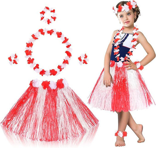 Fortuning's JDS Hawaiian Hula Grass Skirt for Girls Elastic Flower Costume Kids Outfits for Luau Tropical Beach Party Decor