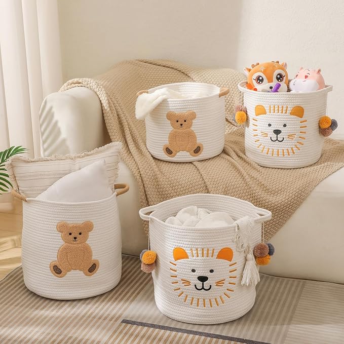 Large Blanket Baskets for Living Room, Teddy Bear Baskets Toy Storage Basket Woven Cotton Rope Basket for Kids, Toys Organizer Clothes Hamper with Embroidery, Teddy Bear Nursery Decor ( Large )