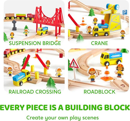 60PCS Wooden Train Set - Construction Express, Engineering Railway with Magnetic Crane, Trains & Accessories, Perfect Christmas Birthday Party Toy Gift for Kids Toddlers Boys Girls Ages 2-8