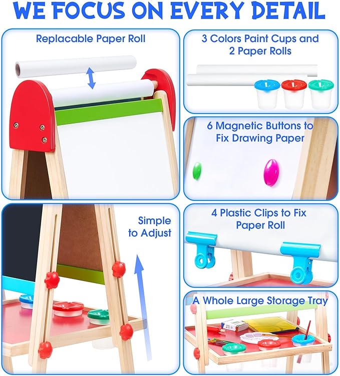 Art Easel for Kids, 3 in 1 Adjustable Double Sided Kids Easel with Magnetic Whiteboard, Chalkboard, 2 Paper Rolls and Accessories, All in One Wooden Toddler Easel, Art Easel for Kids Ages 2-4 4-8 8-12