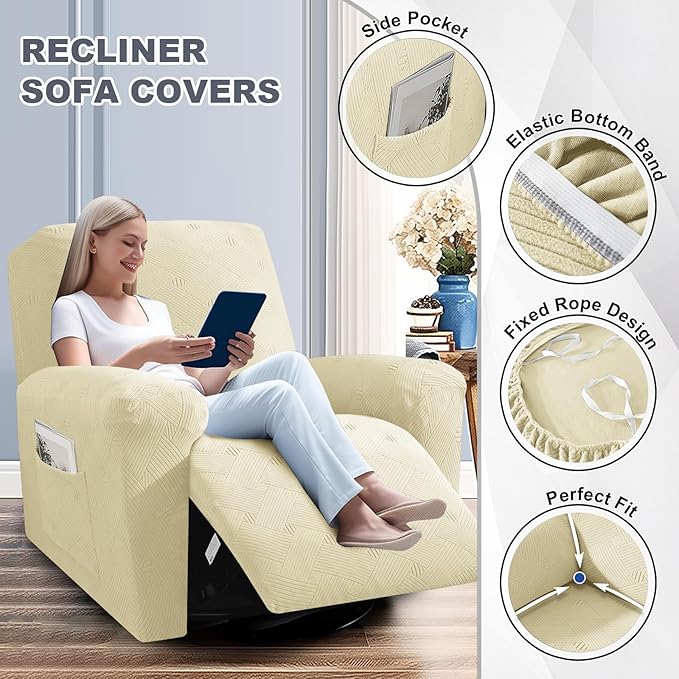 JIVINER Recliner Chair Covers, Jacquard 3 Piece Slipcovers for Recliner Chair Soft Stretch Lazy Boy 1 Seater Reclining Protector with Pockets (Recliner, Beige)