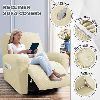 JIVINER Recliner Chair Covers, Jacquard 3 Piece Slipcovers for Recliner Chair Soft Stretch Lazy Boy 1 Seater Reclining Protector with Pockets (Recliner, Beige)