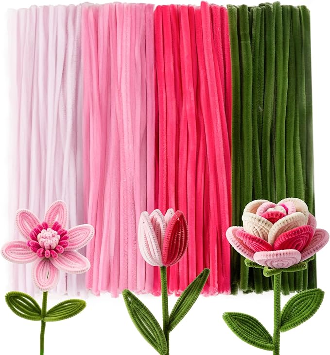 Caydo 200 Pieces Pink Pipe Cleaners for Flowers, Fluffy Craft Chenille Stems for Mother's Day Gift and Creative Arts Crafts Projects
