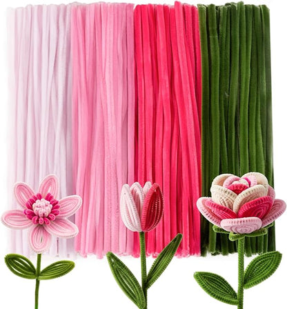 Caydo 200 Pieces Pink Pipe Cleaners for Flowers, Fluffy Craft Chenille Stems for Mother's Day Gift and Creative Arts Crafts Projects