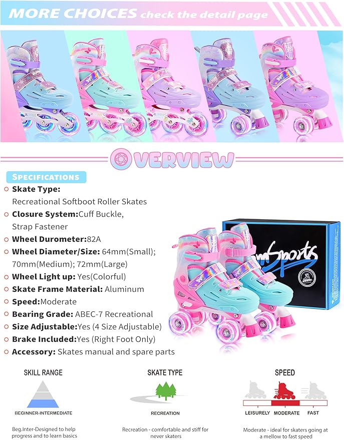 2PM SPORTS Roller Skates for Girls Boys Kids Age 4-6 5-8 6-12 8-12 with Light Up Wheels, Adjustable Youth Rollerskates Size 10C 11C 12C 13C 1 2 3 4 5 6