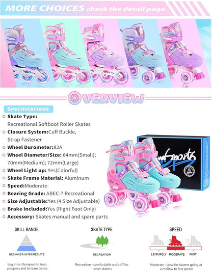 2PM SPORTS Roller Skates for Girls Boys Kids Age 4-6 5-8 6-12 8-12 with Light Up Wheels, Adjustable Youth Rollerskates Size 10C 11C 12C 13C 1 2 3 4 5 6