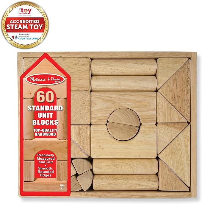 Melissa & Doug Standard Unit Solid-Wood Building Blocks With Wooden Storage Tray (60 pcs) Classic Wooden Blocks For Toddlers Ages 3+