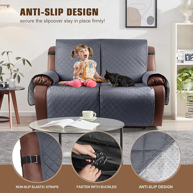 KinCam Waterproof Loveseat Recliner Cover, Non-Slip Reclining Couch Covers for 2 Seat, Recliner Sofa Cover Furniture Protector with Elastic Straps for Kids, Pets, Dark Gray