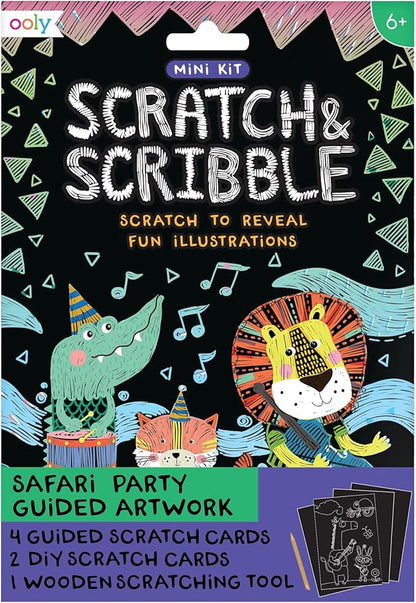 Ooly Mini Scratch & Scribble Art Kit - 6 Card Rainbow Scratch Art Set Gifts for Kids, Travel-Friendly Craft Kit, Scratching Tool Included - Safari Party