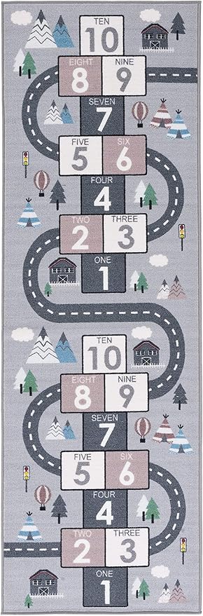 SAFAVIEH Kids Playhouse Collection Runner Rug - 2'2" x 6', Grey & Pink, Hopscotch, Non-Shedding & Easy Care, Machine Washable Ideal for High Traffic Areas in Playroom, Nursery, Bedroom (KPH226A)