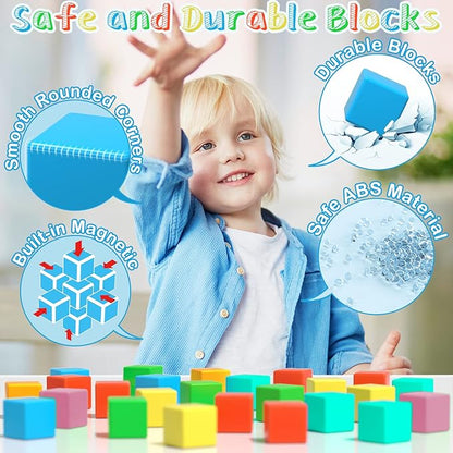 Magnetic Blocks, 56 Pieces 1.34 inch Large Magnetic Building Blocks, 3D Magnetic Cubes for Toddlers, Preschool Educational Construction Kit, Sensory Montessori Toys Kids Blocks for Boys Girls
