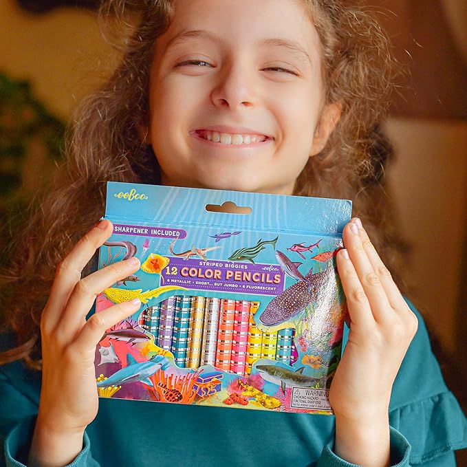 eeBoo: Striped Biggies 12 Color Pencils: Shark - 12pc Set w/ 6 Fluorescent & 6 Metallic Colors, Includes Sharpener, Art Supplies, Kids Ages 4+