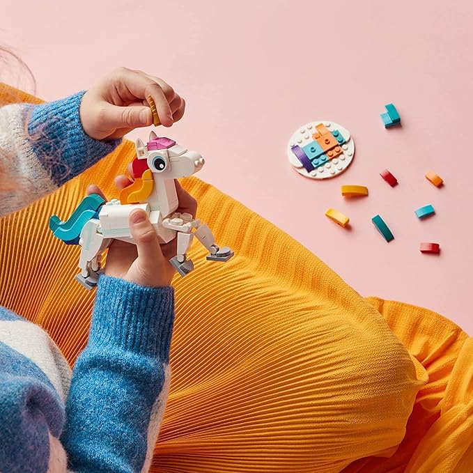 LEGO Creator 3 in 1 Magical Unicorn Toy, Transforms from Unicorn to Seahorse to Peacock, Rainbow Animal Figures, Unicorn Gift for Grandchildren, Girls and Boys, Buildable Toys, 31140