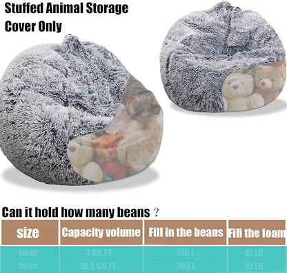 Fluffy Stuffed Animal Storage Bean Bag Chair Cover (No Filler), Faux Fur Comfy Bean Bag Cover for Organizing Plush Toys or Textile, for Adults Teens Kids Girls, Gray