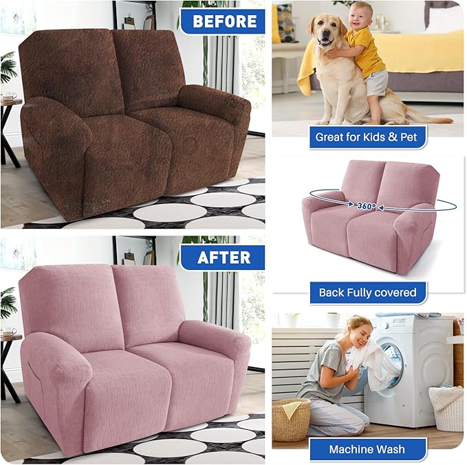 MAXIJIN Waterproof Loveseat Recliner Cover 4 Pieces Reclining Love Seat Slipcvers, Recliner Sofa Cover 2 Seater with Elastic Straps & Pockets for Pet, Kids (Loveseat Recliner, Dusty Pink)