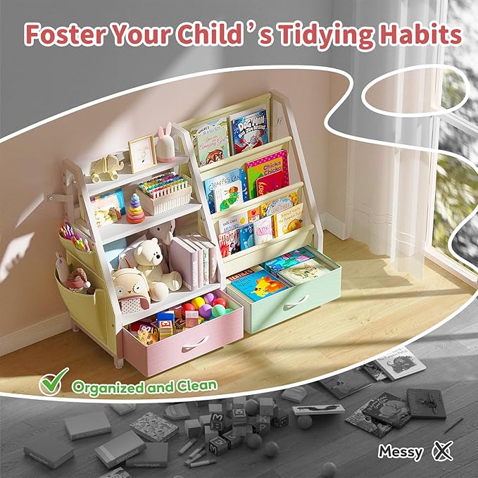 Twinkoo Kids Bookshelf and Toy Storage, Sturdy 3 Tier Kids Bookcase, Sling Bookshelf and 2 Toy Boxes, Toddler Montessori Bookshelf with Toy Organizer, for Kids Room, Game Room, Nursery