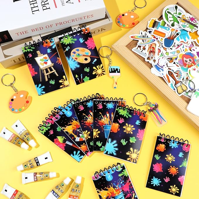 49Pcs Art Paint Party Supplies Art Paint Party Favor 24 Paint Splatter Notepads 24 Keychains Stickers Neon Paint Party Decorations Colorful Graffiti Art Painting Birthday Gifts Rewards