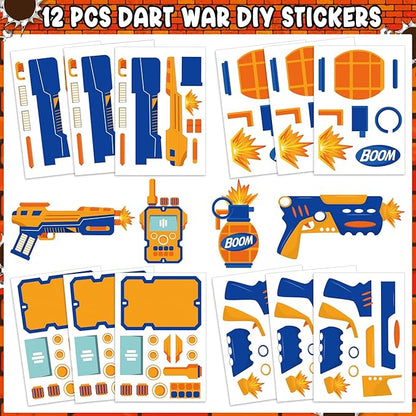 Erweicet Dart Battle Party Favors 72 PCS Gun Slap Bracelets DIY Stickers Temporary Tattoos Keychains Plastic Straws Gift Bags for Kids Boys Birthday Baby Shower Goodie Bag Fillers, Blue,Orange,White