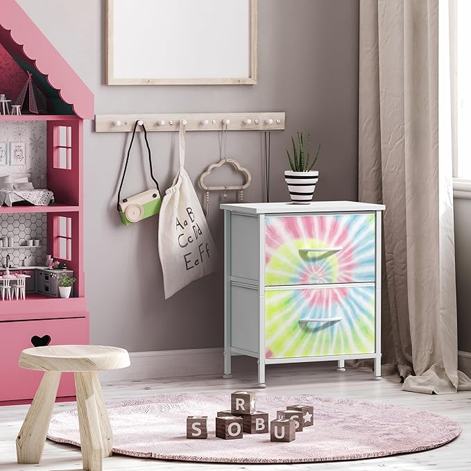 Sorbus Nightstand with 2 Drawers - Kids Bedside Furniture End Table Night Stand - Steel Frame, Wood Top & Easy Pull Fabric Bins - Dresser & Chest for Home, Bedroom Accessories, Office & College Dorm