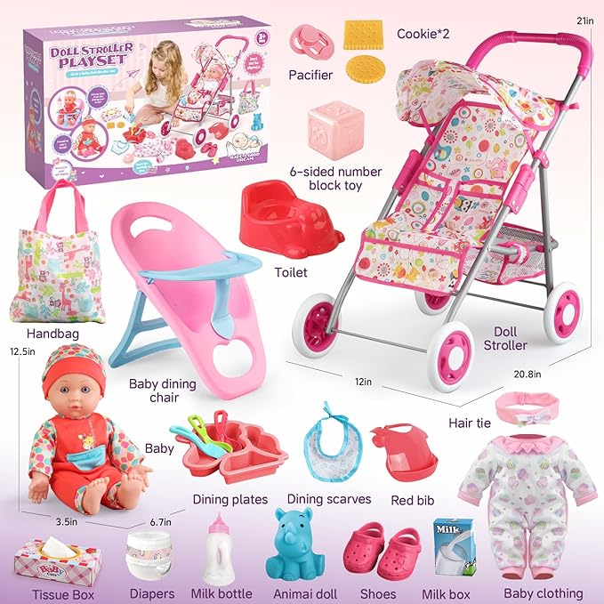 Baby Doll Stroller Set Toys for Girls Toddlers 3-5 4-6 Gifts,Baby Doll Set with 12.5 inch Doll,1 Baby Dining Chair,20 PCS Baby Doll Accessories and 2 Sets Doll Clothes for Realistic Pretend Play