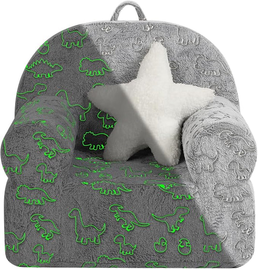 Dinosaur Glow in The Dark Kids Sofa with Star Throw Pillow, High Back Toddler Chair Glow in The Dark for Boys and Girls, Grey