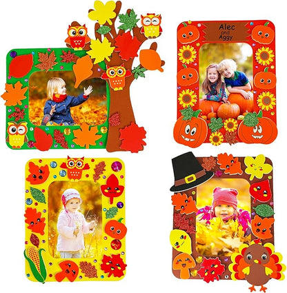 Winlyn 12 Sets Fall Craft Kits Fall Thanksgiving Picture Frame Decorations Art Sets Tree of Thanks Turkey Owl Smile Face Pumpkin Autumn Leaf Foam Stickers Arts and Crafts for Kids Party Activities